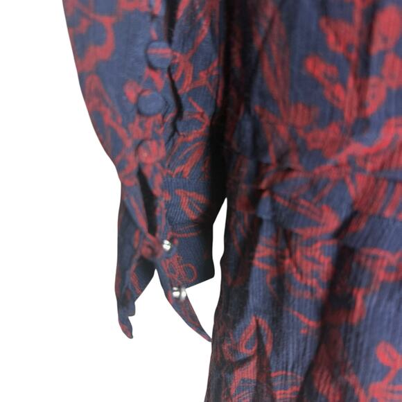 Jason Wu Navy Red Floral Print Tie Neck Long Sleeve Midi Shirt Dress Size 8 - Picture 13 of 16